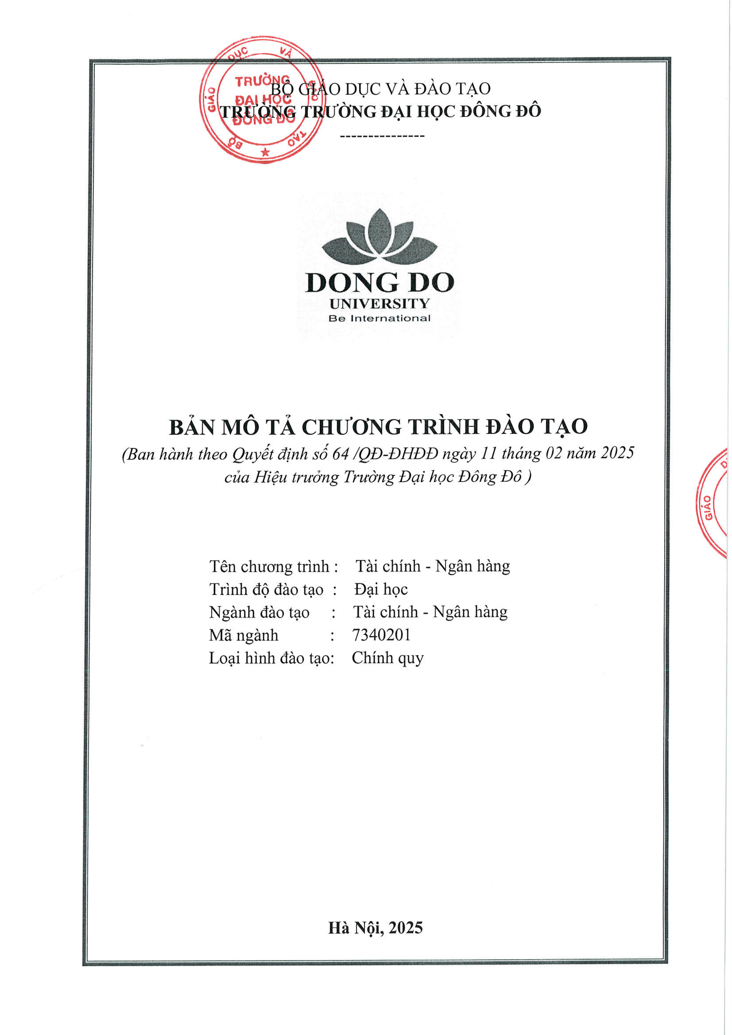 Bản mô tả chương trình đào tạo ngành Tài chính - Ngân hàng